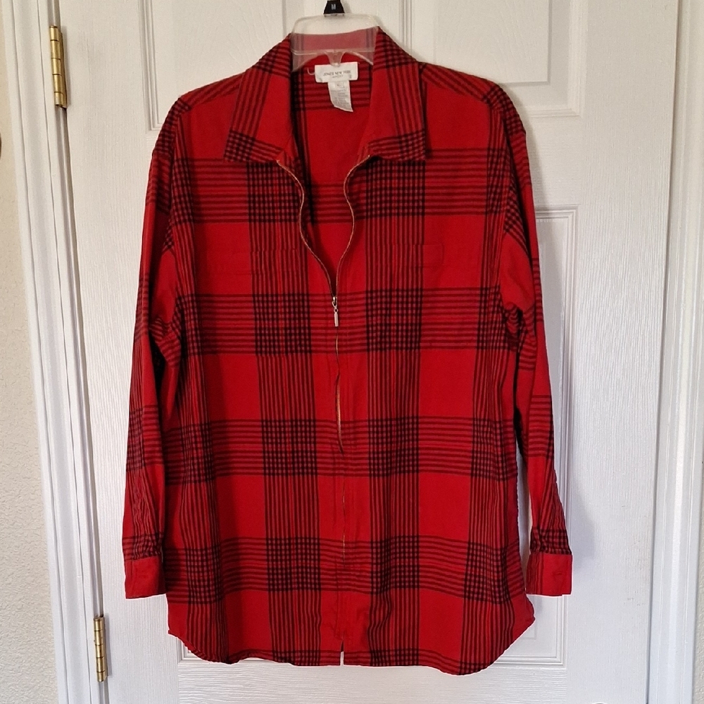 Jones New York Red and Black Blouse Classic Plaid Design